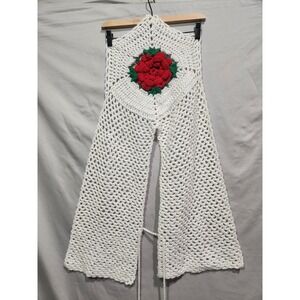Handmade Crocheted Christmas Holiday‎ Scarf Shawl Wrap 3D Red Rose Grannycore